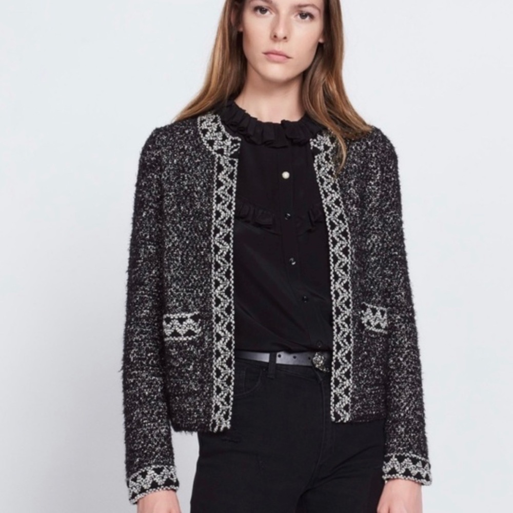 EUC Sandro Metallic Knit Boucle Business Casual Sweater Open Jacket 2 M​​​​​